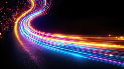 Colorful light trails on a road at night, abstract speed and motion concept, for website backgrounds