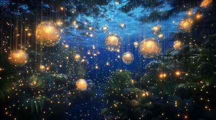 Naklejka premium magical garden nightscape, interweaving light strands, suspended glowing orbs, deep ocean blue backdrop, exotic palm patterns, floating light particles, enchanted evening atmosphere, celestial