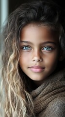 Naklejka premium Captivating gaze of a young girl with curly hair in natural light indoors