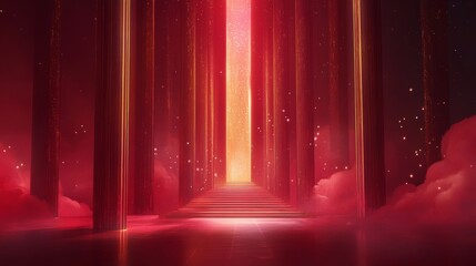 grand ceremonial background, ascending golden star formations, deep crimson environment, dramatic light columns, ethereal floating particles, elegant pearl trails, symmetrical stellar composition,
