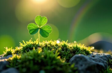A three-leaf clover found in the forest. Blurred green background with a rainbow