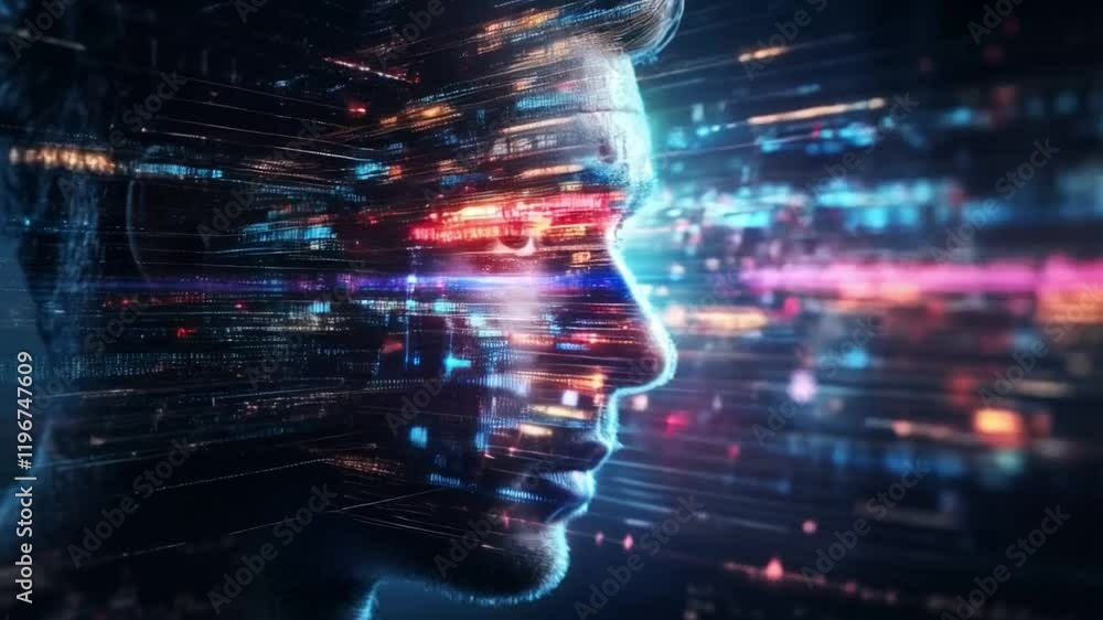Poster A profile of a person with vibrant cyber data streams flowing around them, illustrating the fusion of technology and human thought in a futuristic setting focused on defense.