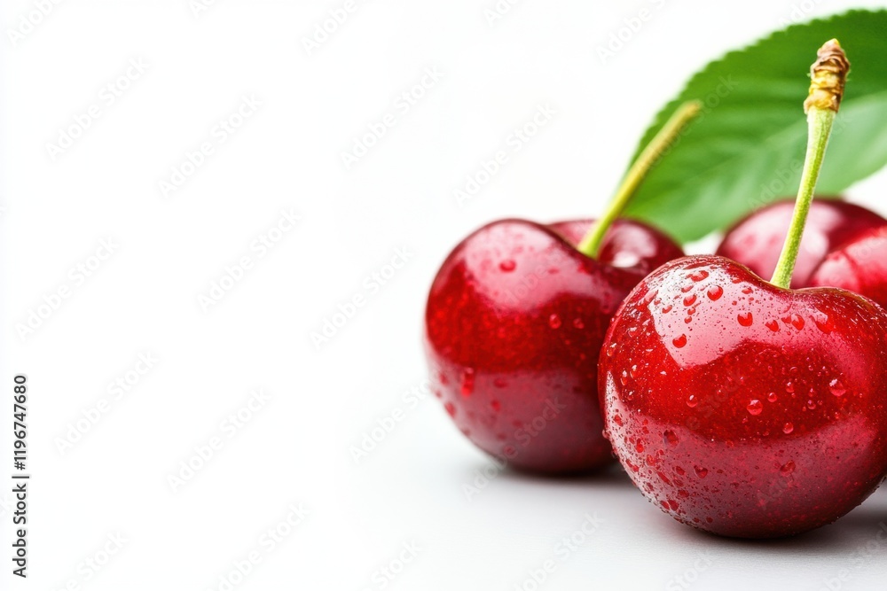 Poster Fresh cherries with droplets of water placed on a white surface for design purposes. Generative AI