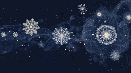 refined winter cosmos, detailed particle snowflakes, rich navy blue environment, drifting stellar dots, geometric frost formations, scattered light points, minimalist snow crystal display, ethereal