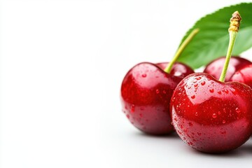 Obraz premium Fresh cherries with droplets of water placed on a white surface for design purposes. Generative AI