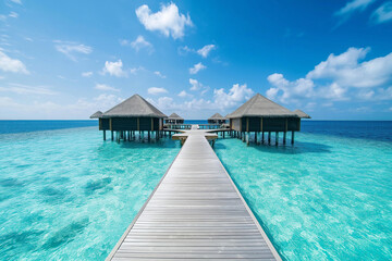 Obraz premium Luxurious overwater bungalows invite travelers seeking tranquility and relaxation in a breathtaking tropical paradise