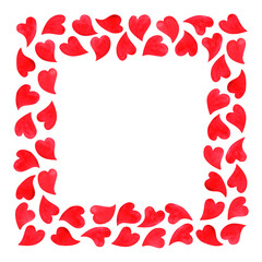 Square frame with red hand drawn hearts of different silhouettes. Watercolor background template for cards, plates or shopping bags. Decorative romantic border with empty place for text in center