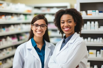 Two smiling female pharmacists posing with crossed arms in a pharmacy with shelves full of medicine