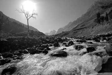 Ice melting at the end of winter on the Ladakh