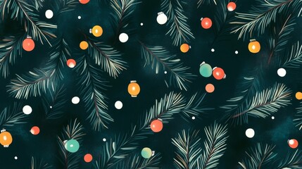 pine branches pattern, soft green needles, scattered colorful miniature lights in orange pink yellow blue, elegant white typography on forest green background, minimal holiday design, contemporary