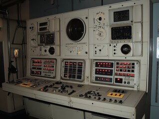 Old control room featuring vintage equipment with glowing buttons and monitoring screens
