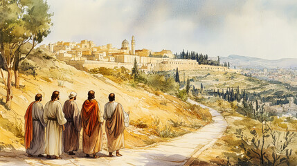 Fototapeta premium Jesus teaches his disciples on an ancient Jerusalem road while old buildings and rolling hills create a serene backdrop