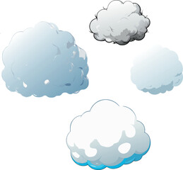 Cartoon clouds floating in the sky, different shapes and colors
