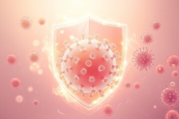 A glowing shield blocking human papillomavirus particles against a light pink background, symbolizing HPV safety and protection.