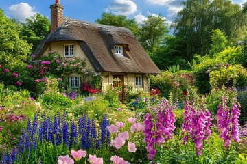 Charming thatched cottage with vibrant garden in a picturesque setting