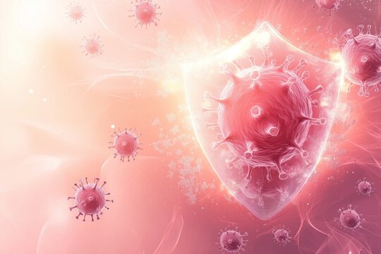 A glowing shield blocking human papillomavirus particles against a light pink background, symbolizing HPV safety and protection.