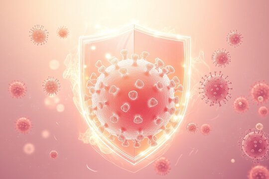 A glowing shield blocking human papillomavirus particles against a light pink background, symbolizing HPV safety and protection.