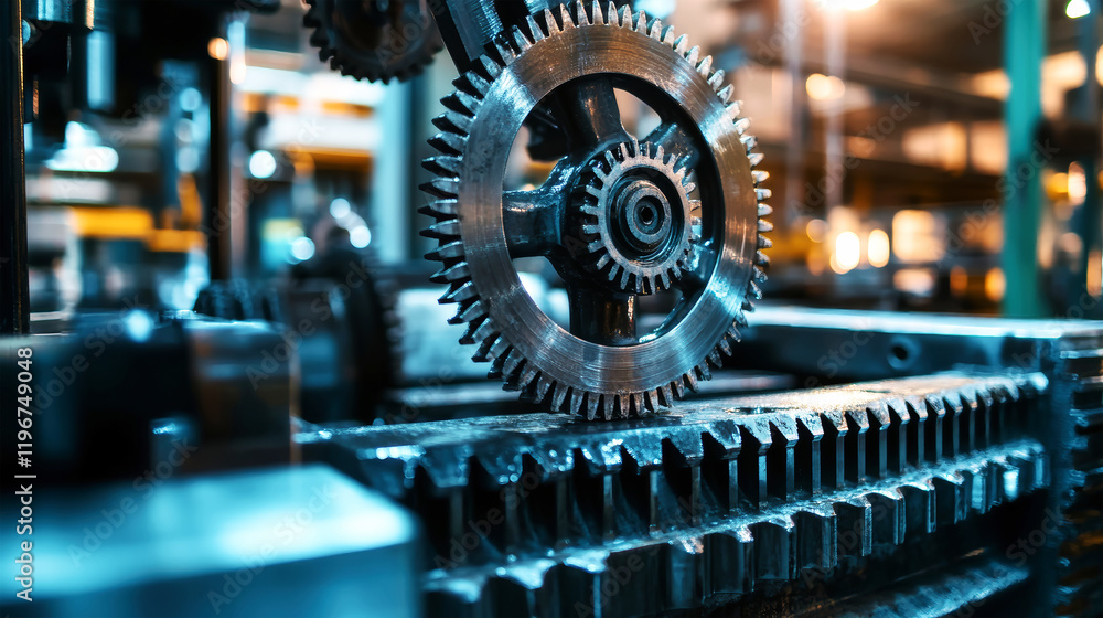 Poster intricate metal gears and sharp blades in dynamic motion within an industrial setting showcasing pre