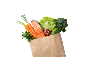 A bag packed with carrots, salmon fillet, cucumber, broccoli, lettuce, and a tomato. A vibrant assortment of fresh seafood and vegetables, isolated on a transparent background