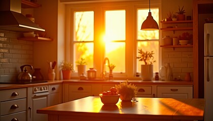 Warm sunset light fills a cozy kitchen, illuminating a kitchen island with fruit and herbs.  A peaceful and inviting home scene.