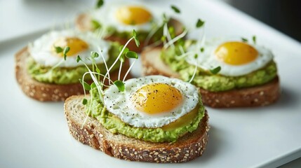 Avocado Egg Sandwiches and coffee for healthy breakfast. Whole grain toasts with mashed avocado, fried eggs and organic microgreens on white table.