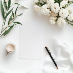 Elegant workspace with fresh flowers, coffee, and blank paper for creative ideas and planning in a serene environment. Generative AI