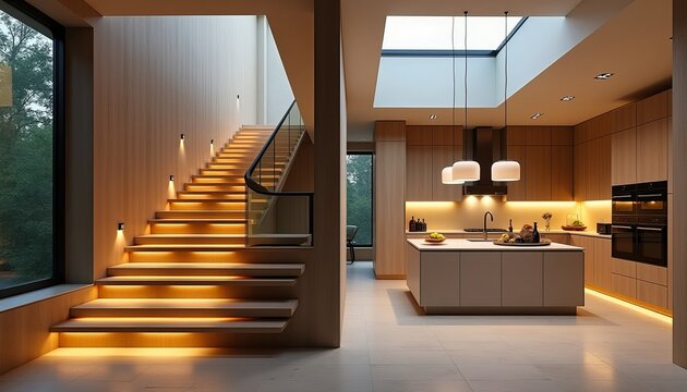 Modern home interior with illuminated staircase and sleek kitchen. Warm lighting creates a cozy atmosphere.