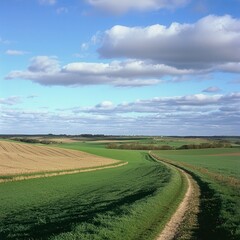 Obraz premium Lush green fields and rolling hills under a vast blue sky with fluffy clouds in countryside