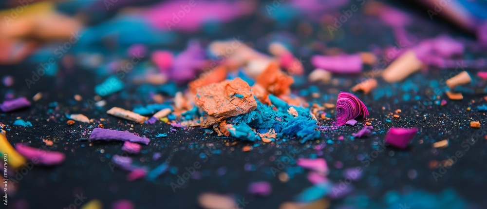 Poster crayon shavings create a vibrant and textured display of colors on a dark surface