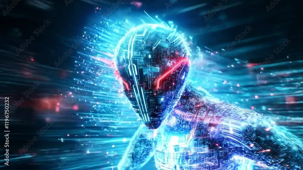 Poster A futuristic robotic figure shines with intricate details, surrounded by a vibrant digital environment.