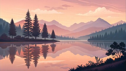 Obraz premium Scenic landscape at sunset with beautiful flowers by a calm lake, reflecting mountains and trees.