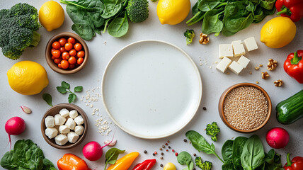 Colorful assortment of raw vegetables around a blank plate. Ideal for food and healthy eating concepts.