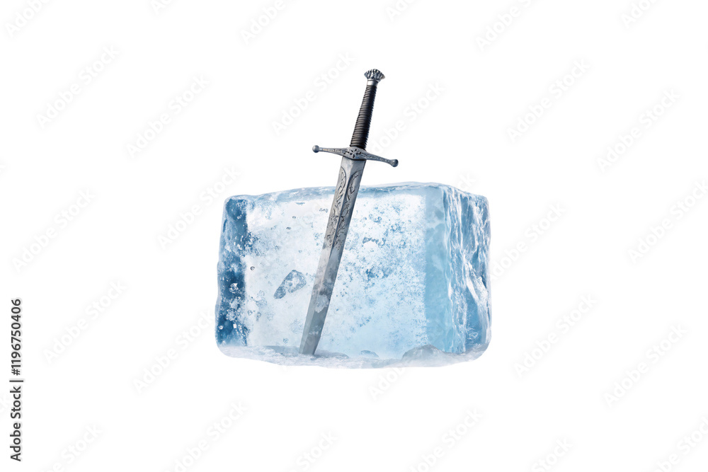 Aufkleber a silver medieval sword is embedded upright in a translucent block of ice, surrounded by frosty text