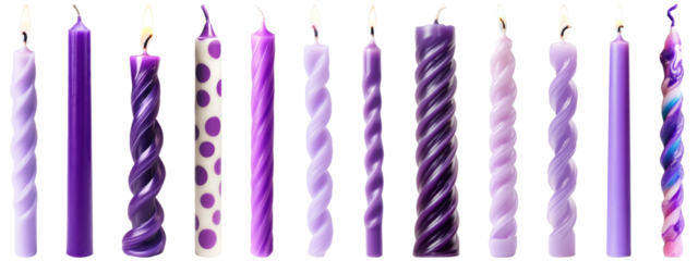 PNG Purple candles with unique designs, element set on transparent background