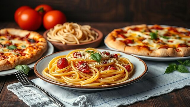 Delicious Italian cuisine options including pizzas and pastas on dark wood background with space for text, tasty, elegant, pastas