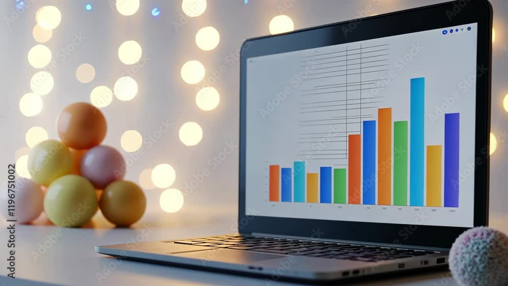 Poster colorful bar graph on laptop screen with soft focus bokeh background