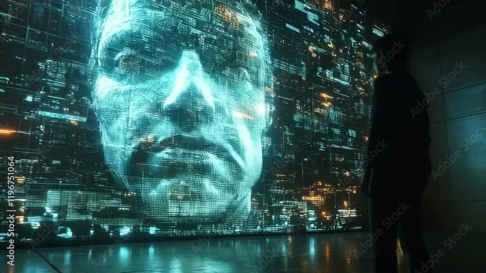 Poster in a high-tech environment, a lone figure stands before a massive screen showcasing a digital face.