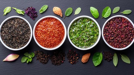Assorted spices and herbs in bowls, overhead view, dark background, culinary use