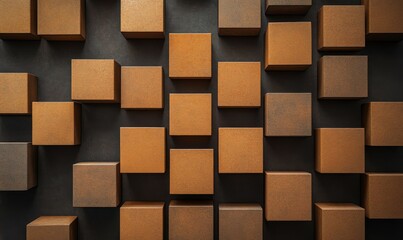 Artistic representation of brown boxes arranged on dark surface, creating visually appealing pattern. simplicity and symmetry evoke sense of order and creativity
