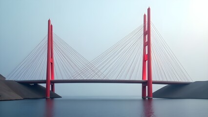 Fototapeta premium Abstract representation of a bridge with clean lines and bold red supports