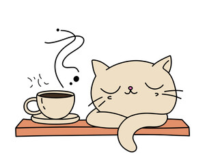 The cute cat is lying on the shelf next to a cup of coffee.