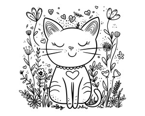 Cute Smiling Cat in Floral Garden. Doodle style. Can used for Coloring Page, tattoo, logo etc. Vector design.