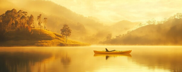 At sunrise, a lively yellow kayak floats on a tranquil lake, with misty hills around and golden light reflecting on the water.