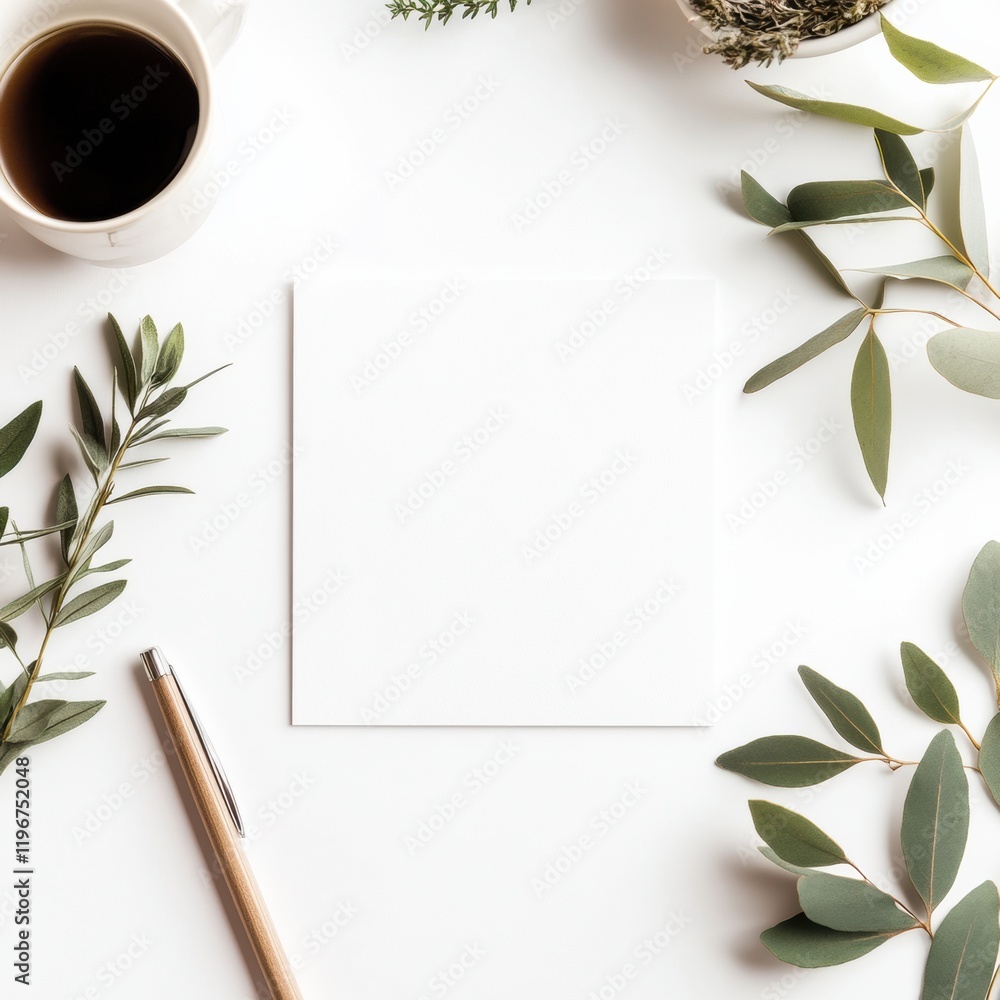 Poster Blank square for text surrounded by green leaves and a cup of coffee on white background. Generative AI