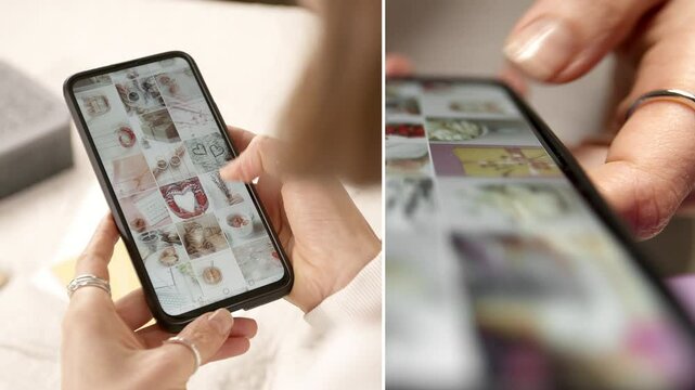 Collage of a woman browsing a photo gallery on her phone. Online social network on a smartphone screen. Using a gadget, scrolling.