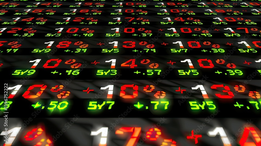 Poster a digital stock market display with numbers and graphs.