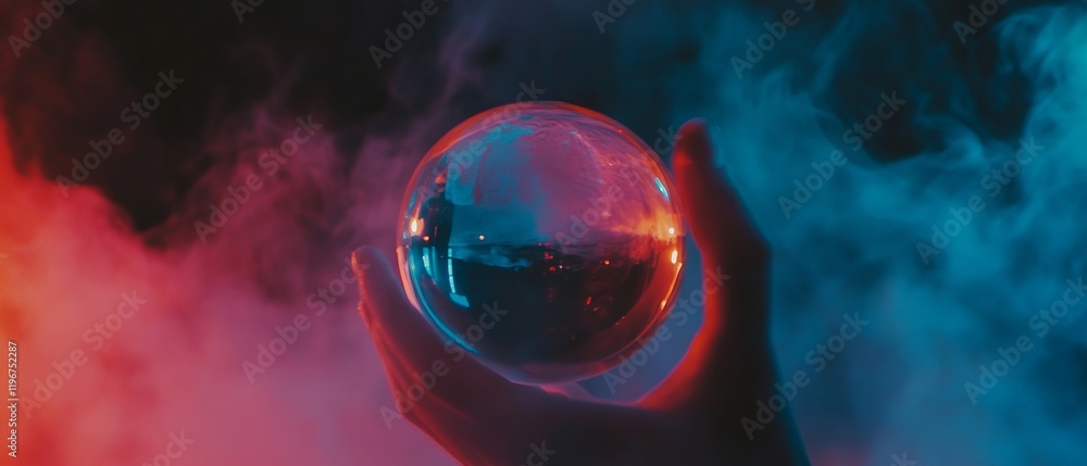Poster mystical crystal ball floating in swirling mist with glowing lights in a dim environment