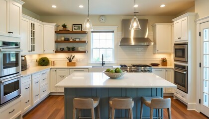 Fototapeta premium Bright kitchen with island, white cabinets, and stainless steel appliances. Perfect for family gatherings or entertaining.