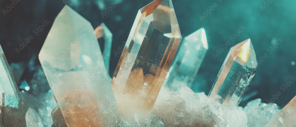 Poster crystals showcasing intricate geometric shapes and transparency against a vibrant background