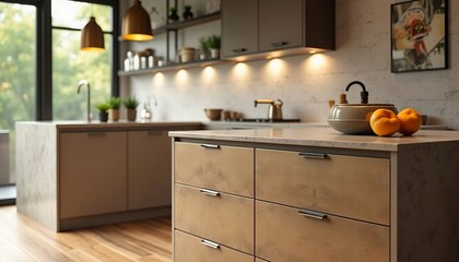 Modern kitchen island with light beige cabinets and quartz countertop.  Two oranges sit on the counter.
